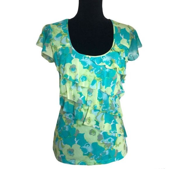 Apt 9 Ruffled Short Sleeve Top in Blue/Green - Size Small - Picture 1 of 6